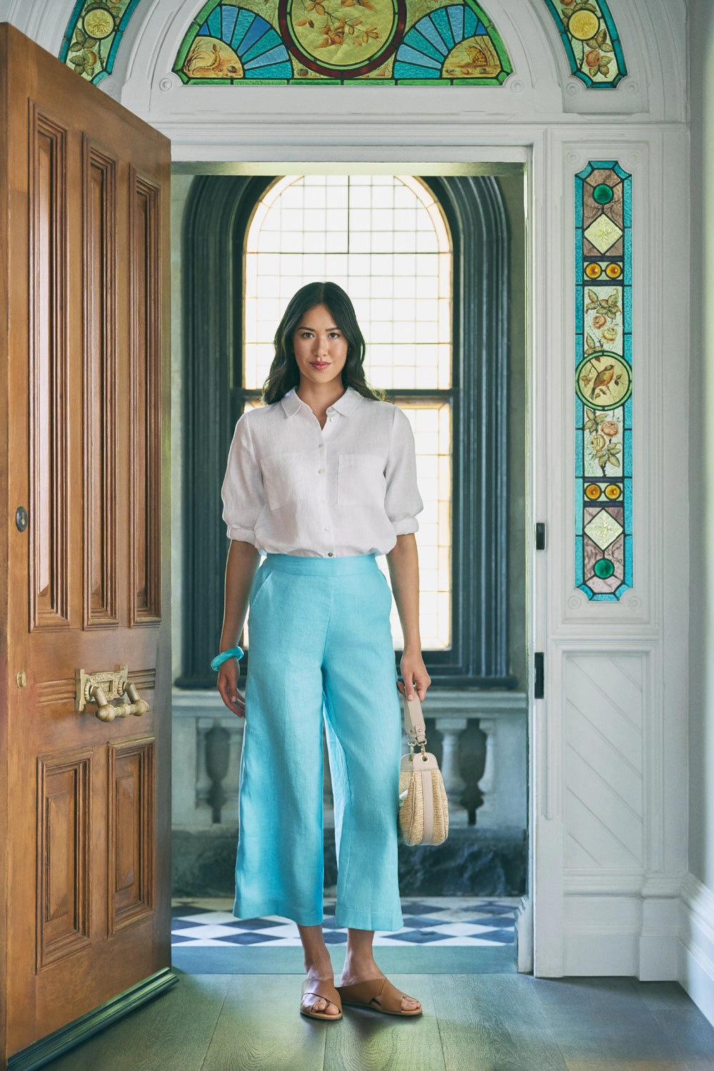 7/8th Wide Leg Linen Pant - Blue Lake