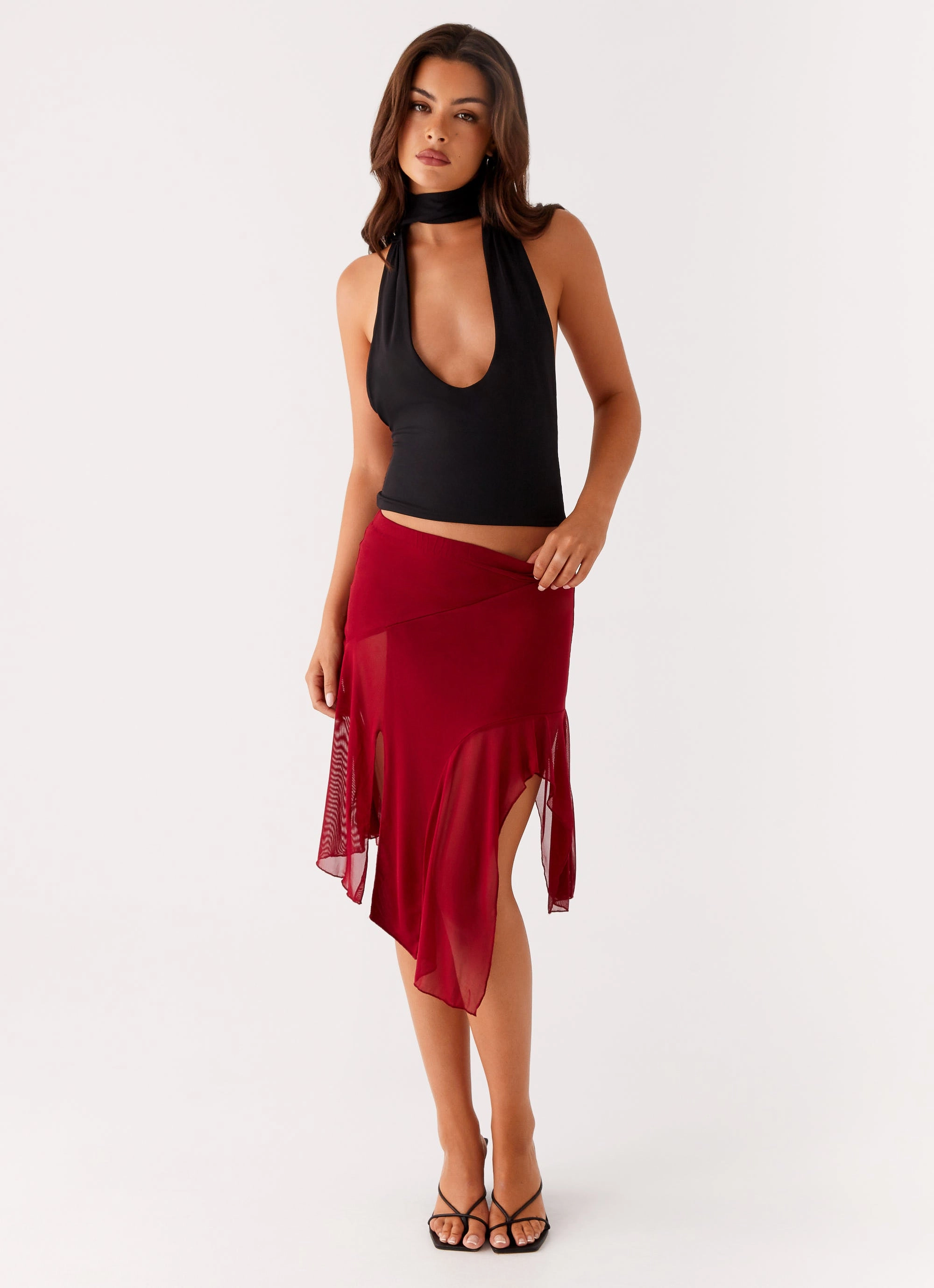 Anthea Mesh Midi Skirt - Red