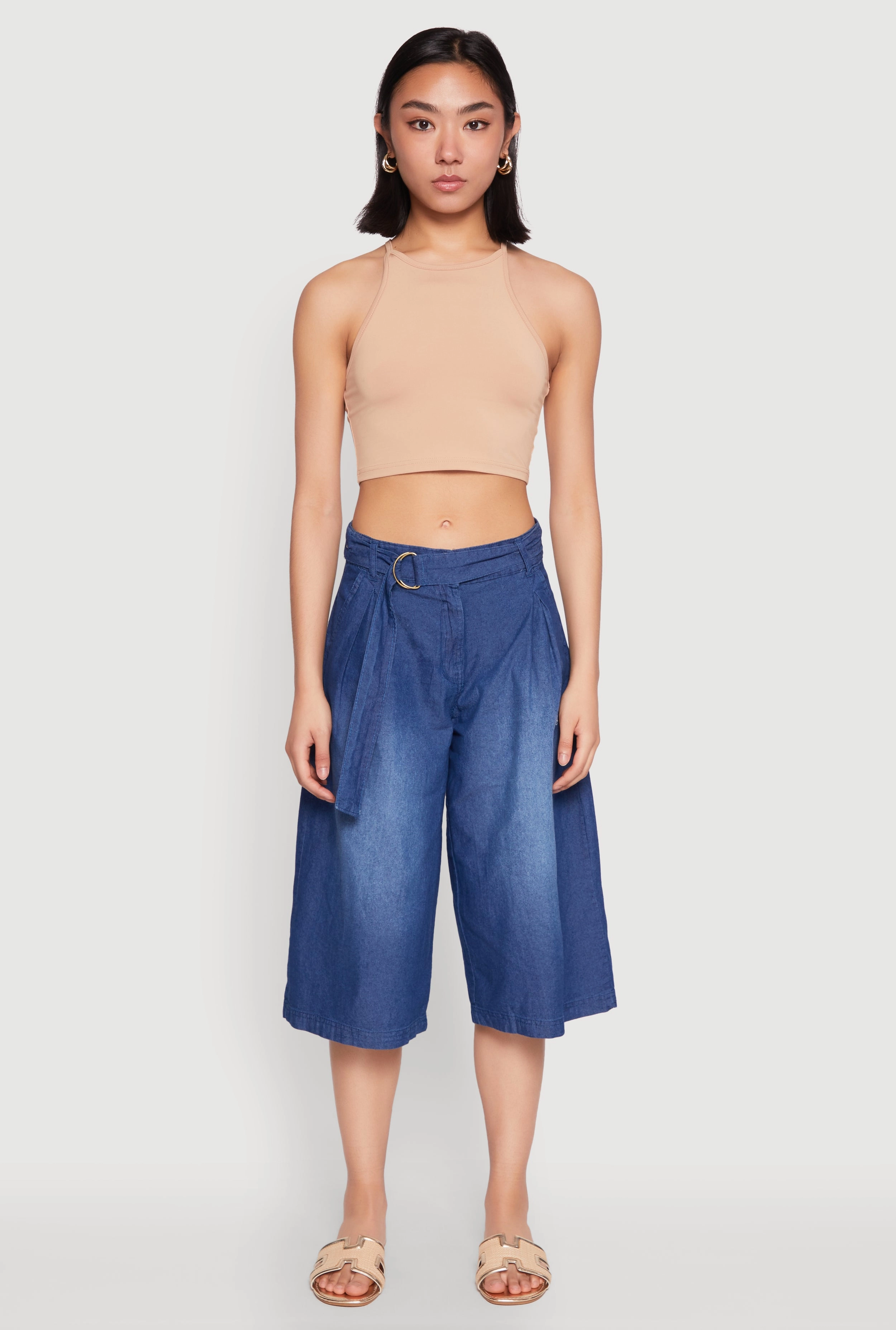 Belted Front Chambray Culottes