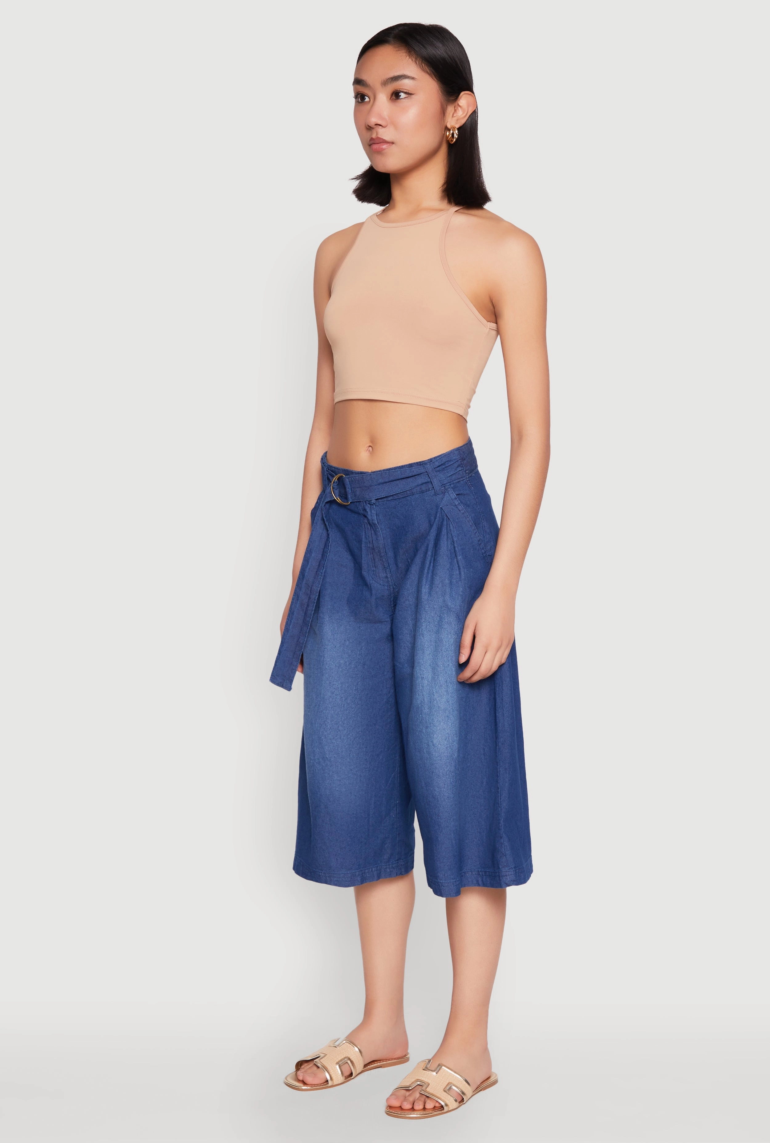 Belted Front Chambray Culottes