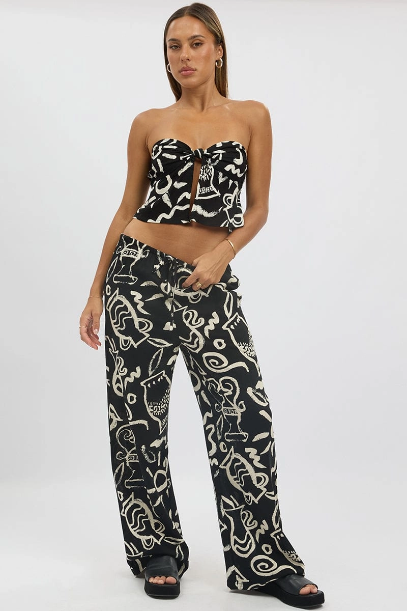 Black Abstract Wide Leg Pants High Rise
