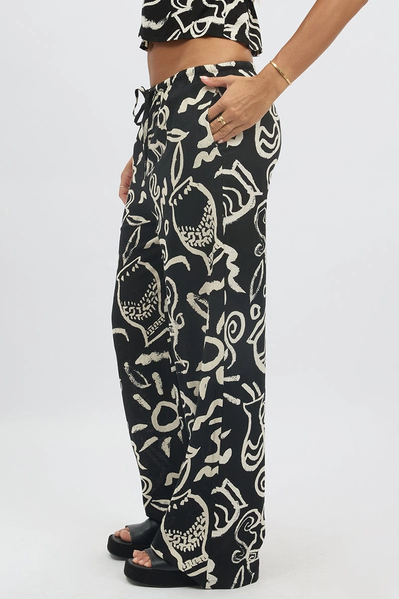 Black Abstract Wide Leg Pants High Rise