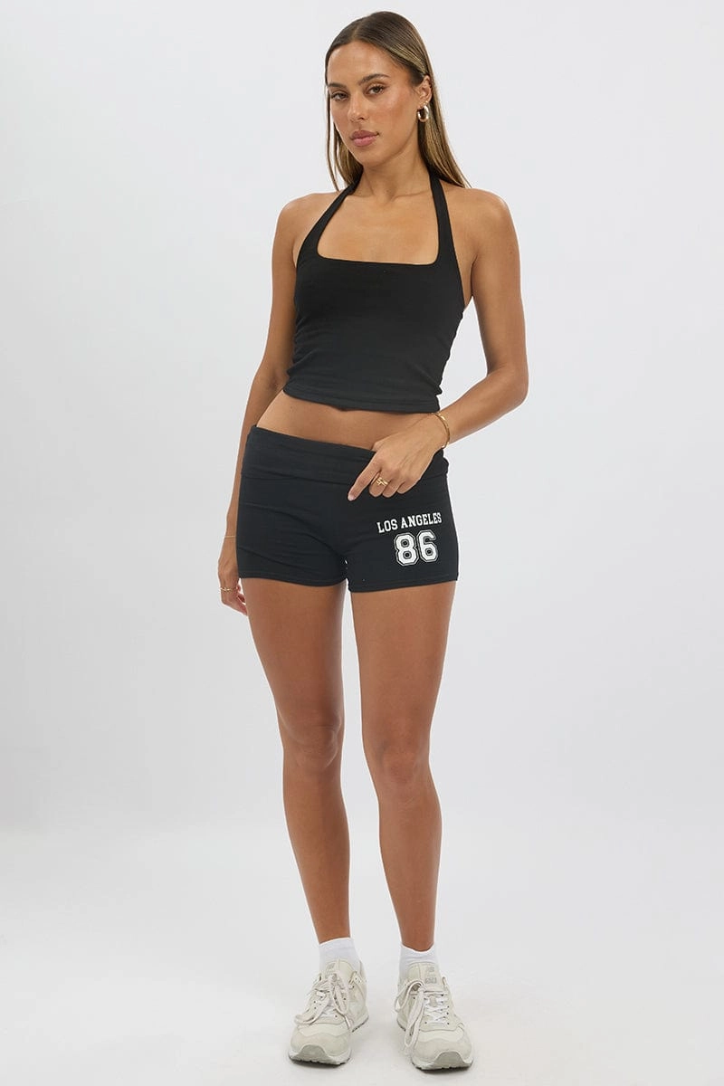 Black Folded Waist Biker Shorts