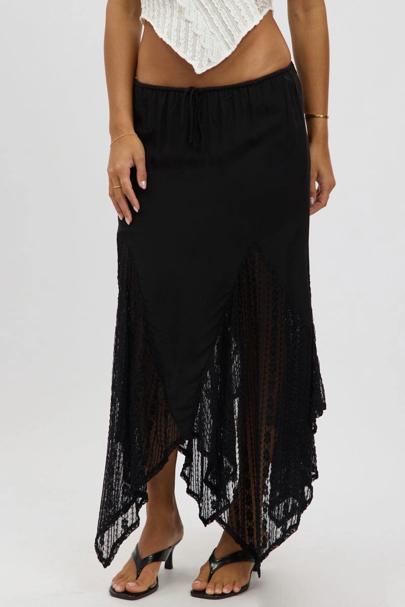 Black Lace Elastic Waist Scarf Hem Maxi Skirt