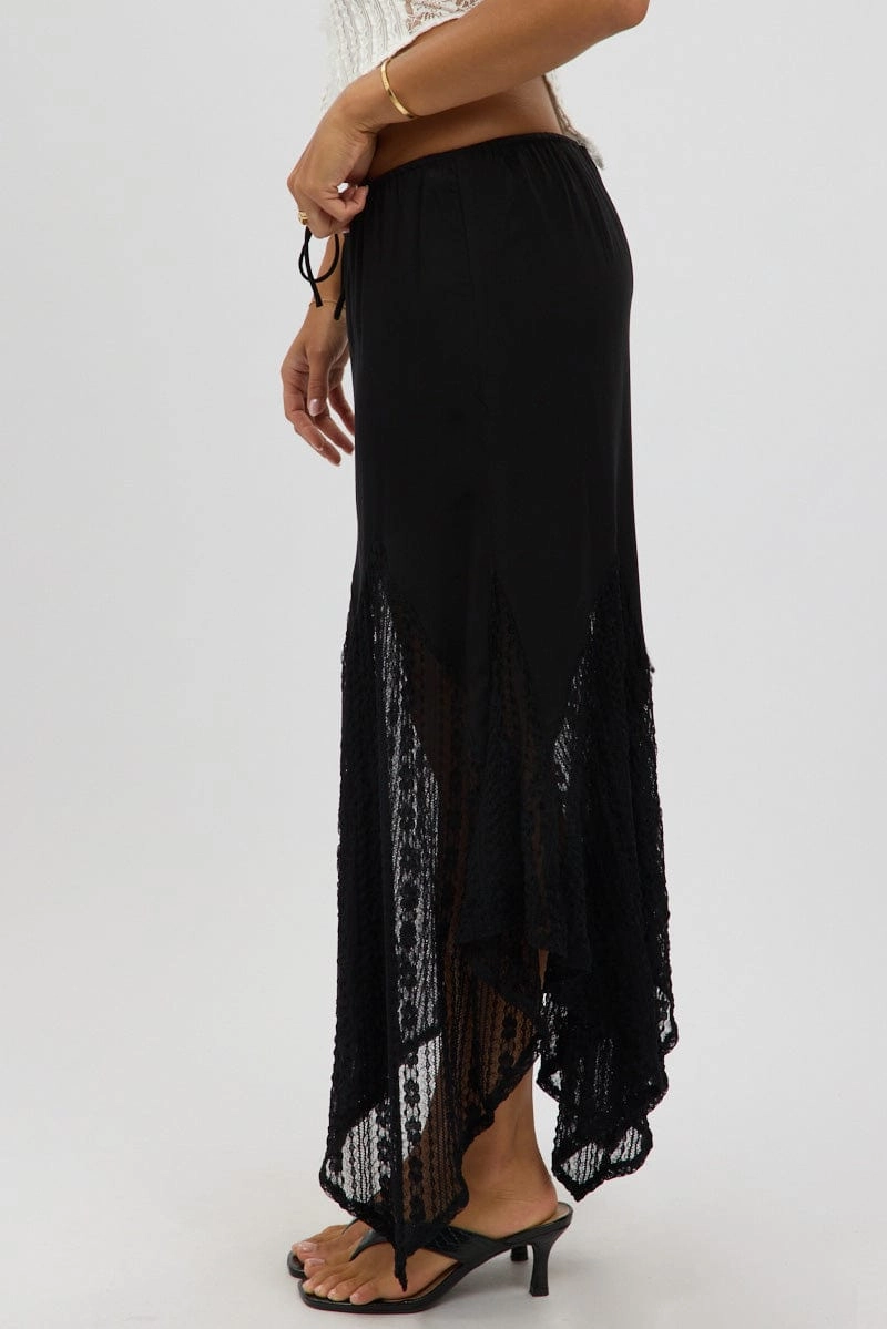 Black Lace Elastic Waist Scarf Hem Maxi Skirt