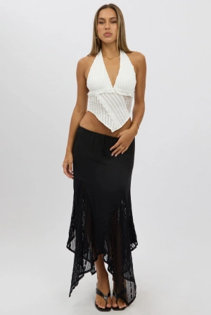 Black Lace Elastic Waist Scarf Hem Maxi Skirt