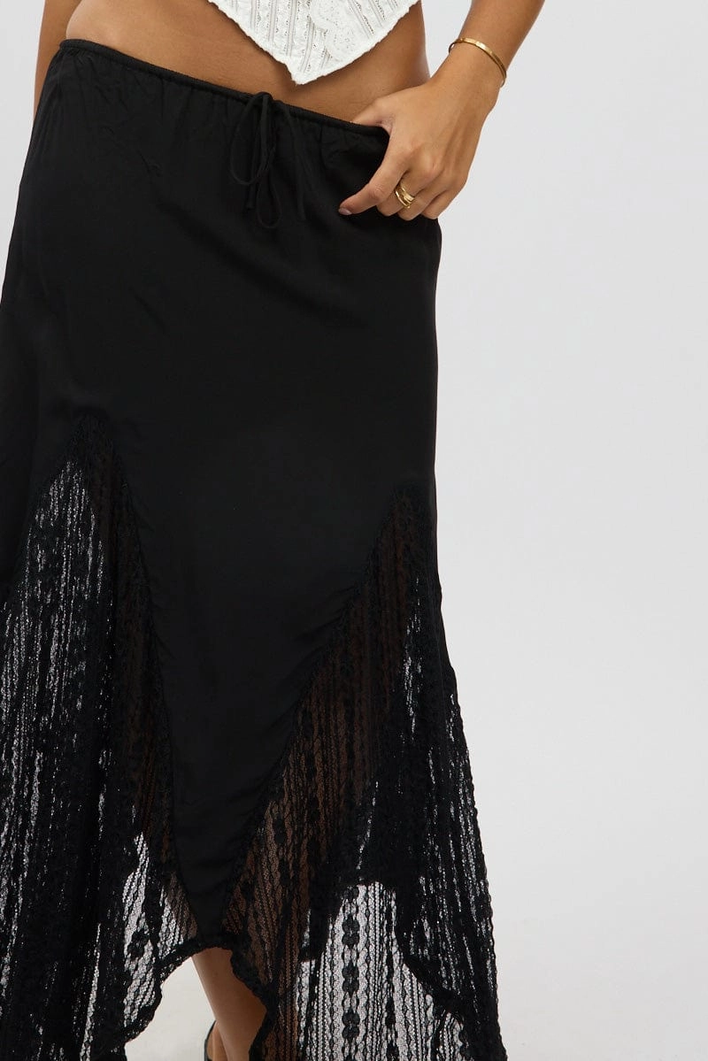 Black Lace Elastic Waist Scarf Hem Maxi Skirt
