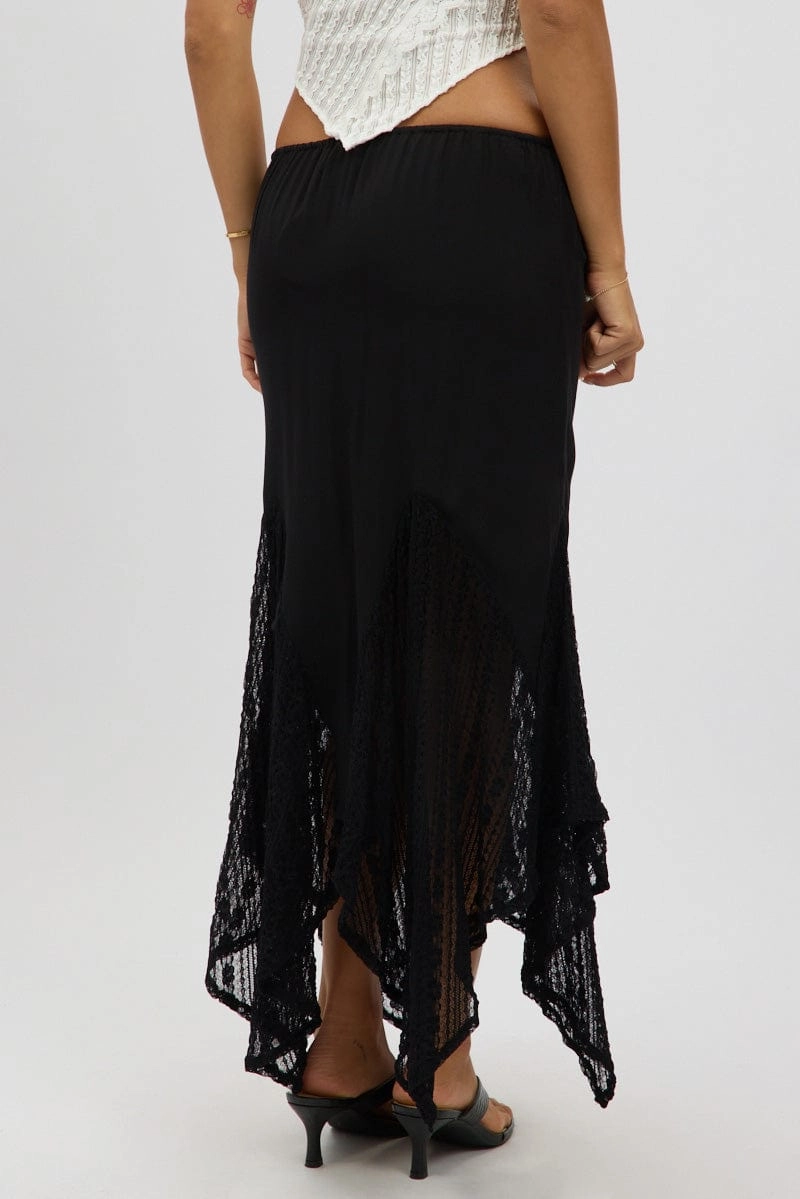 Black Lace Elastic Waist Scarf Hem Maxi Skirt