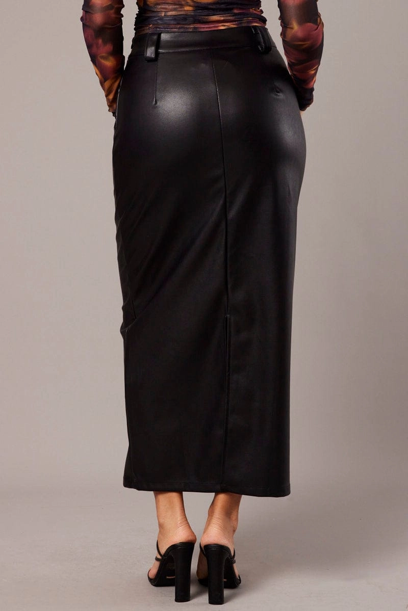 Black Midi Skirt Faux Leather