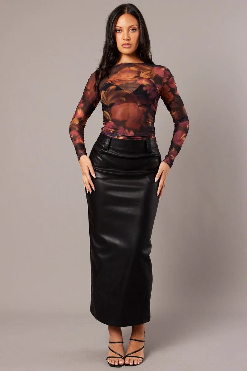 Black Midi Skirt Faux Leather