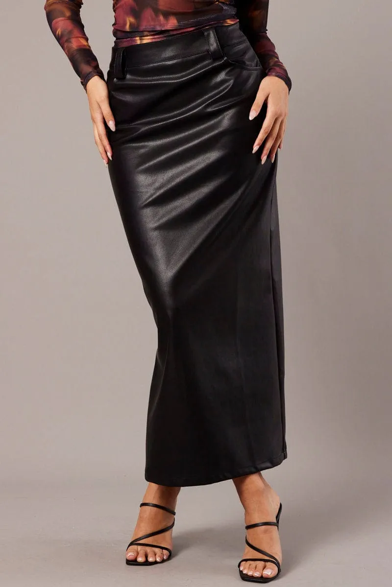 Black Midi Skirt Faux Leather