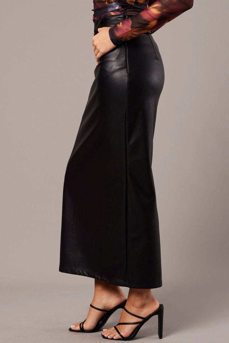 Black Midi Skirt Faux Leather