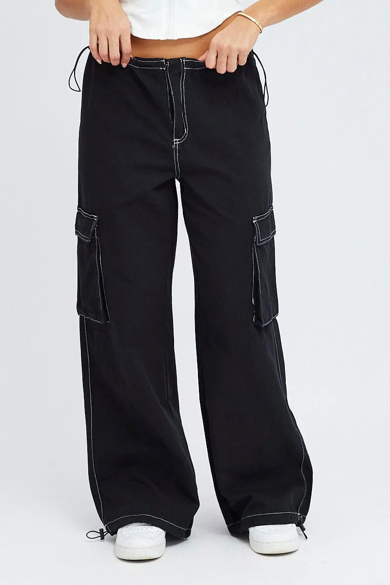 Black Parachute Pants Low Rise