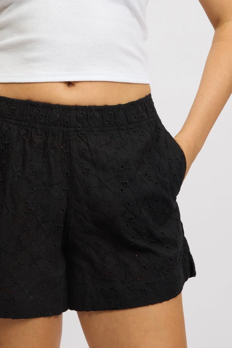 Black Shorts Mid Rise Eyelet Fabric