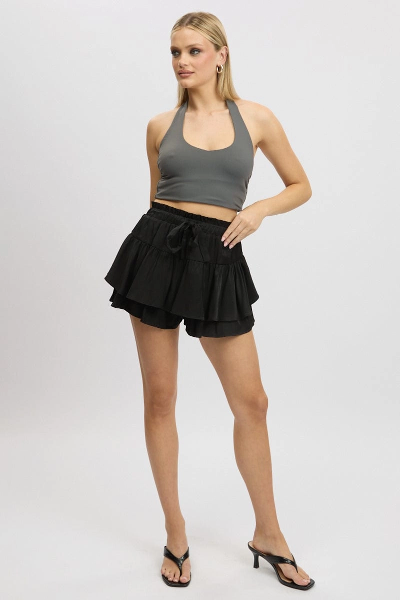 Black Skort Skirt Frilled Hem Elasticated Waist