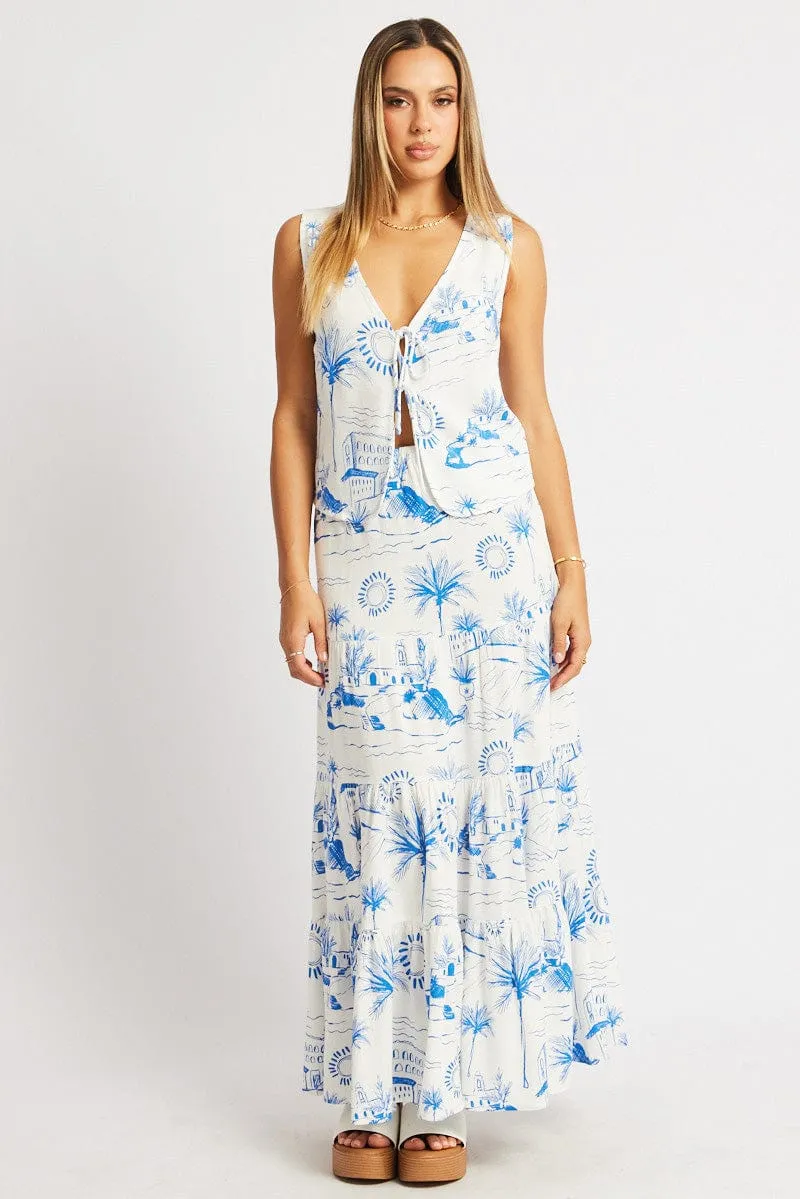 Blue Abstract Maxi Skirt Tiered High Rise Elastic Waistband
