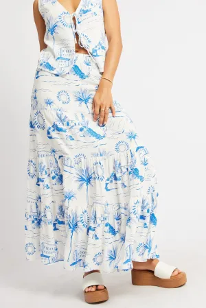 Blue Abstract Maxi Skirt Tiered High Rise Elastic Waistband