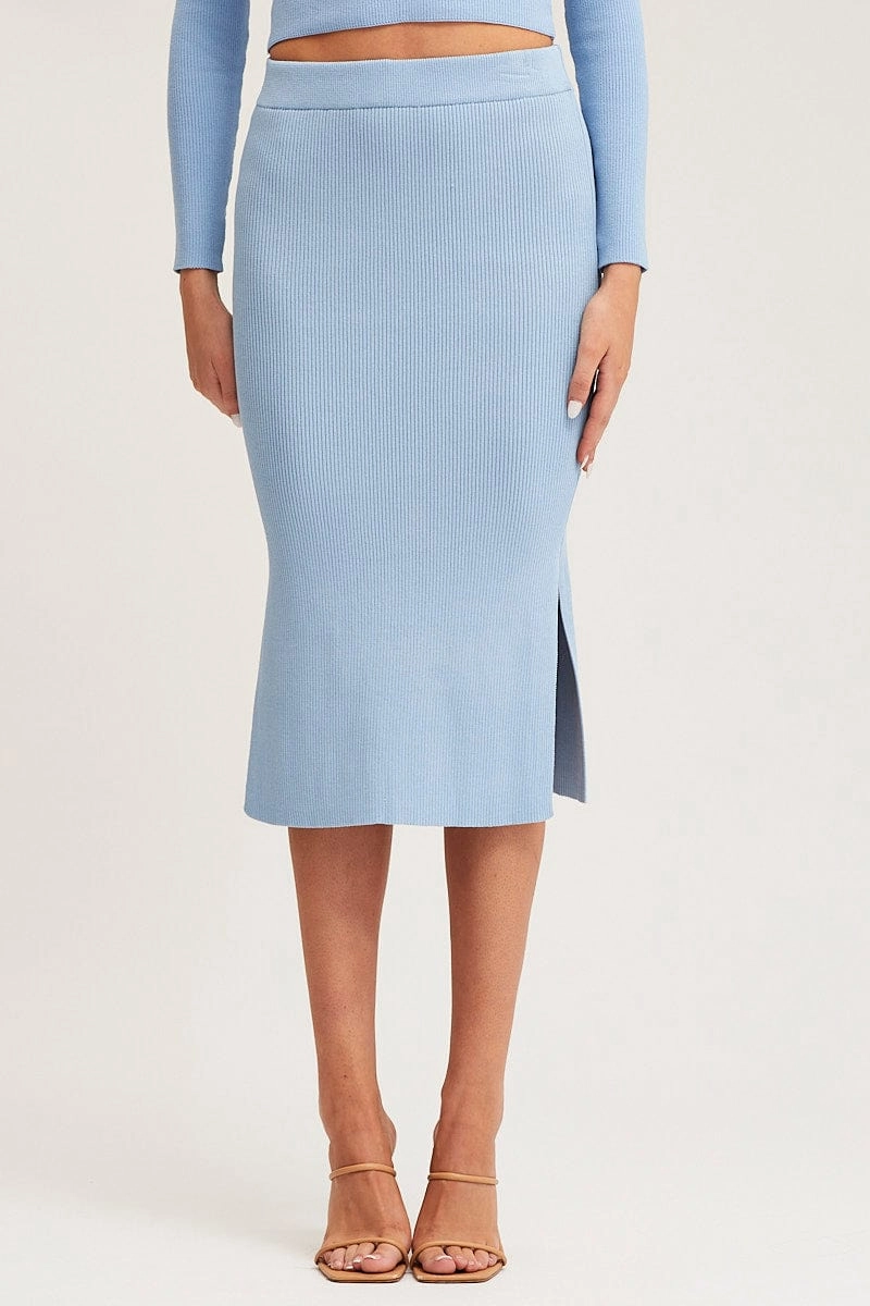 Blue Knit Skirt Midi Side Split