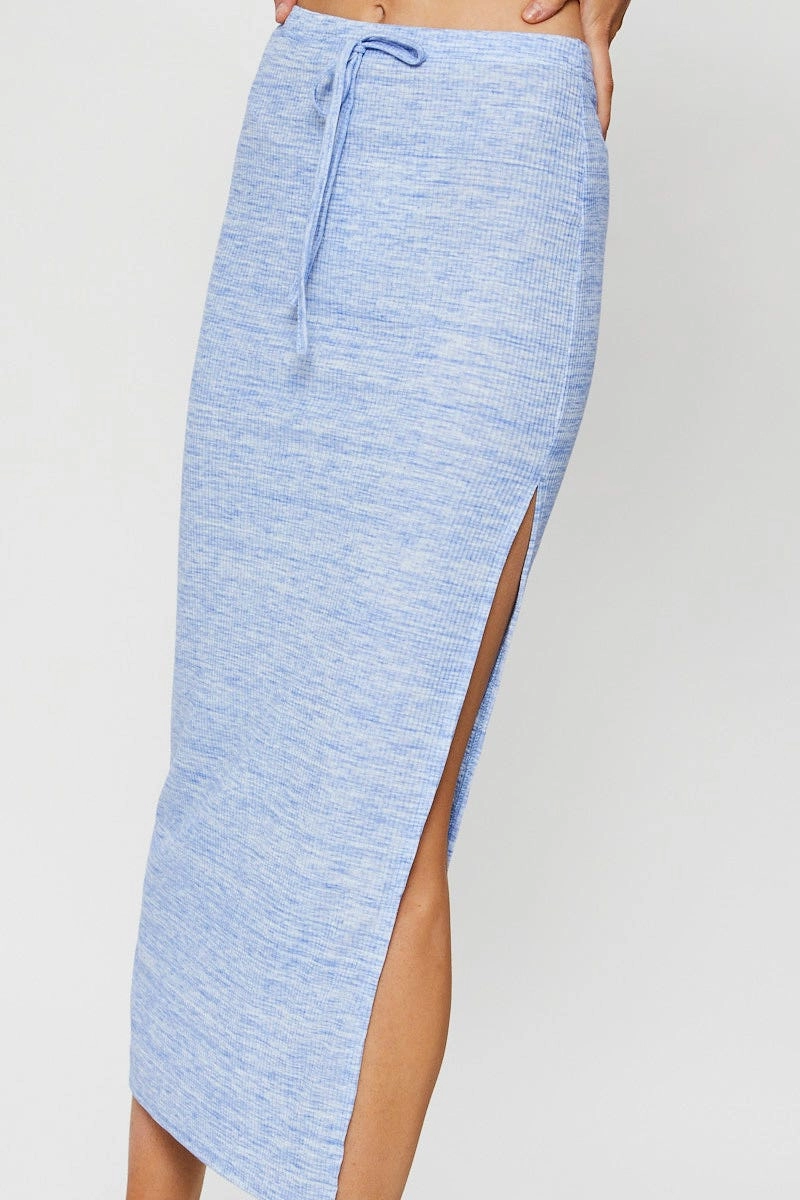 Blue Ribbed Bodycon Midi Skirt
