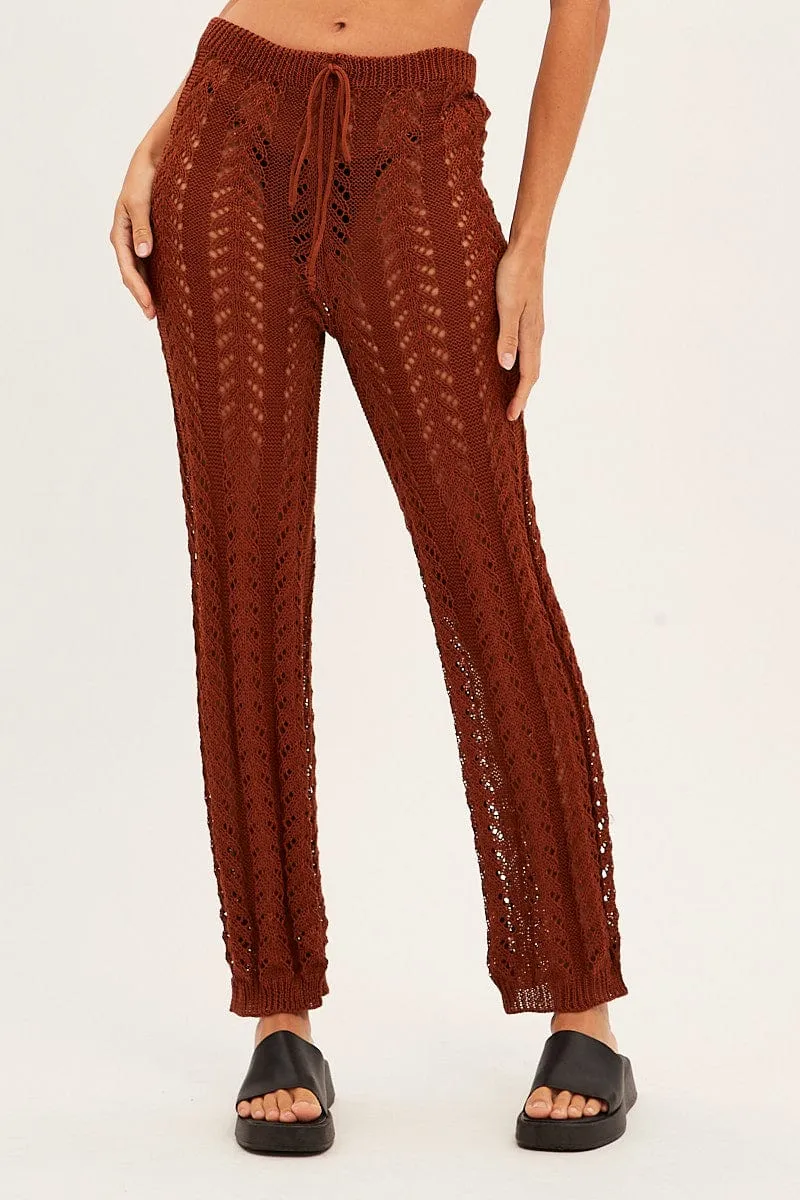 Brown Crochet Knit Pants Beachwear