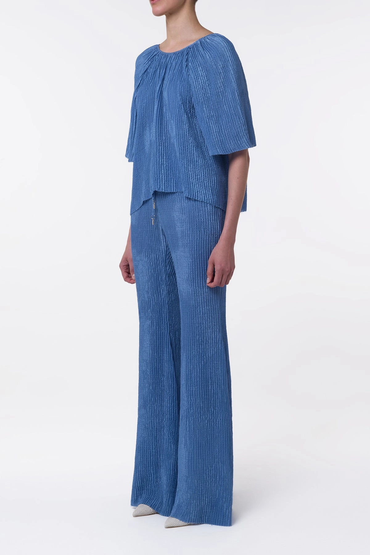 Claude Flare Pant in Sky Plisse Silk