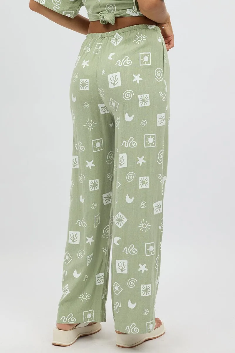 Green Abstract Wide Leg Pants High Rise
