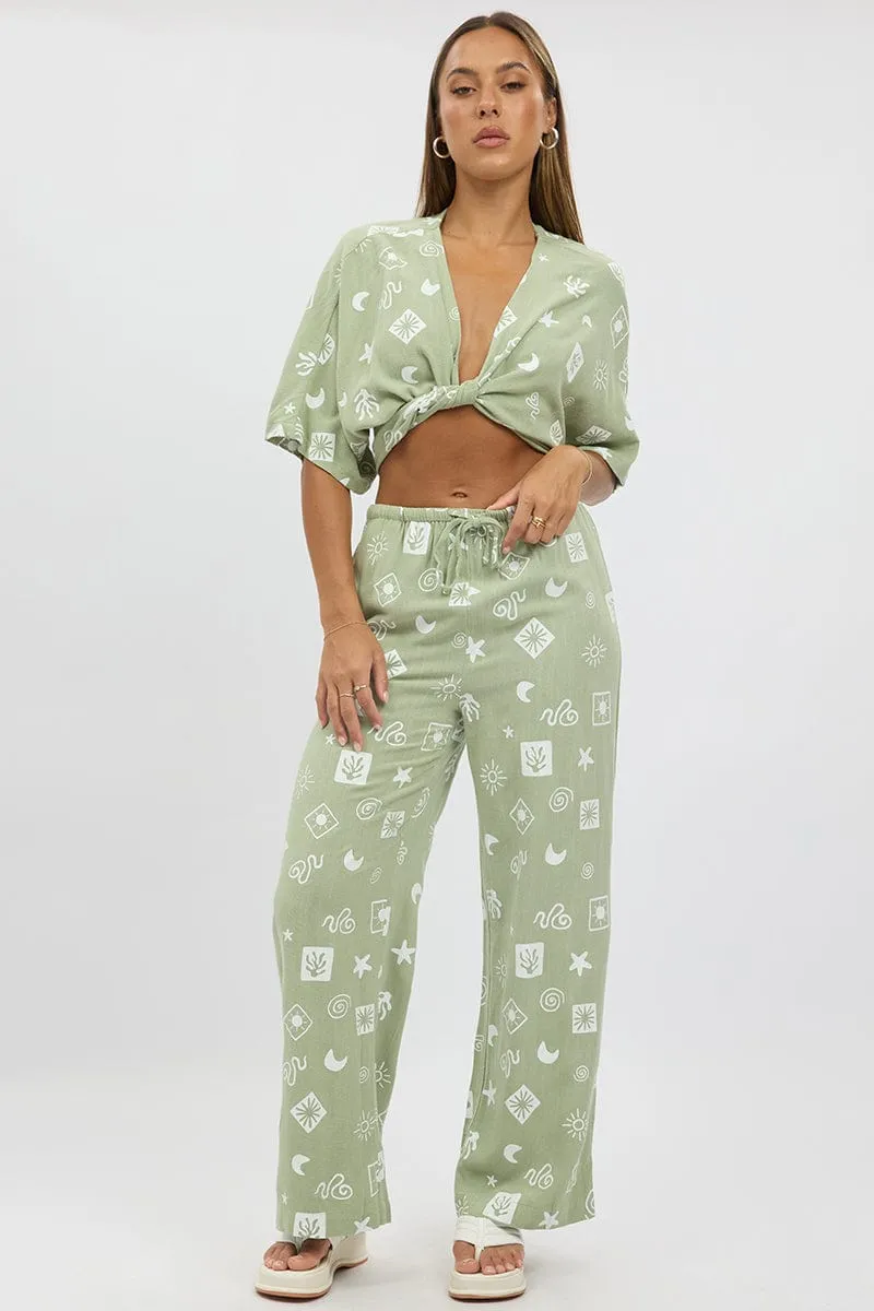 Green Abstract Wide Leg Pants High Rise