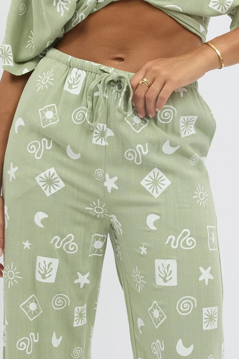 Green Abstract Wide Leg Pants High Rise