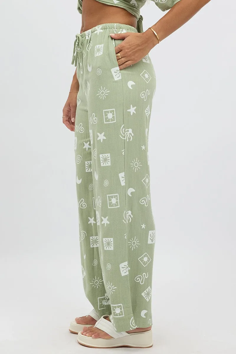 Green Abstract Wide Leg Pants High Rise
