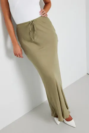 Green Drawstring Satin Maxi Skirt
