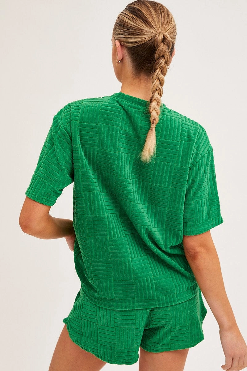 Green Pyjamas Set Short Sleeve Crew Neck Shorts Terry