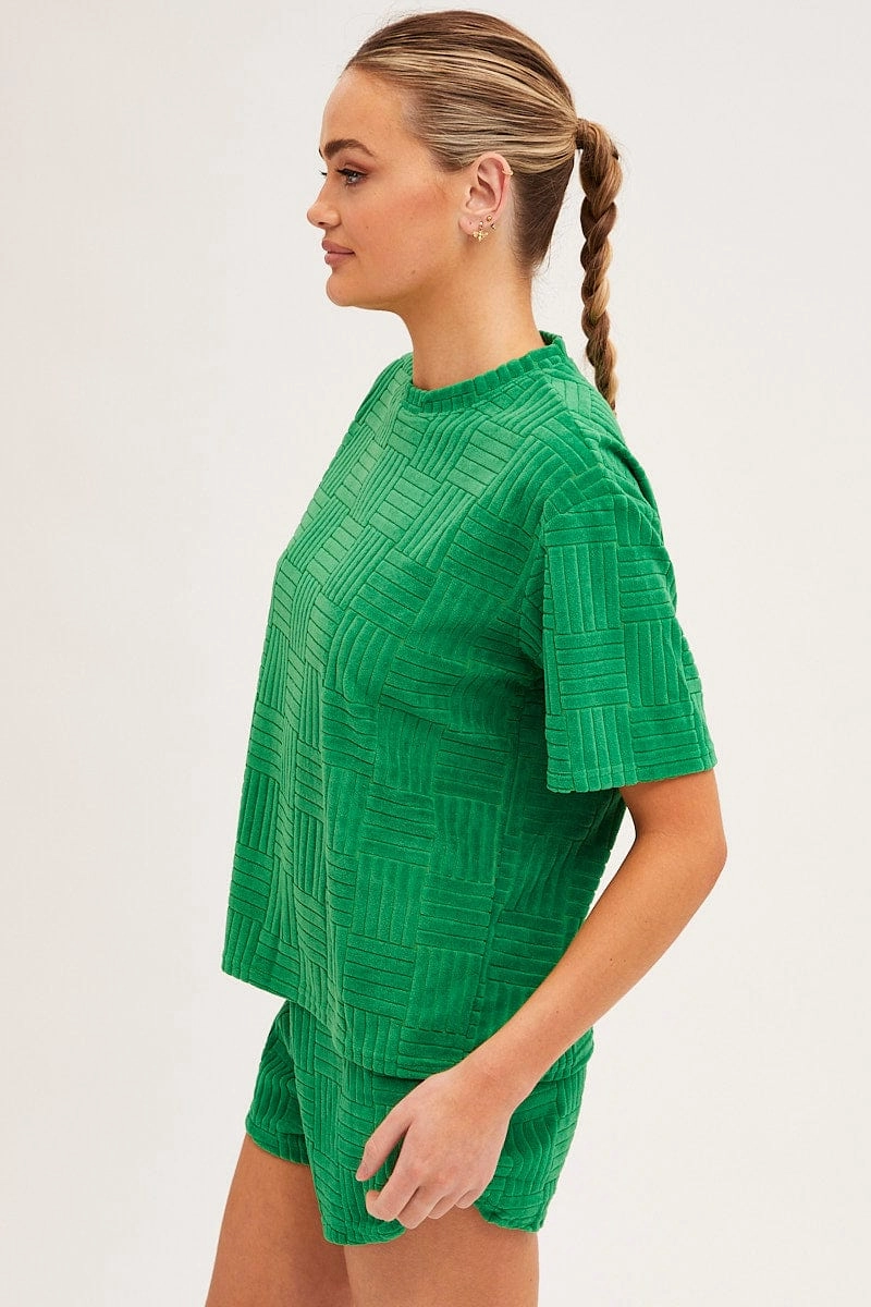 Green Pyjamas Set Short Sleeve Crew Neck Shorts Terry