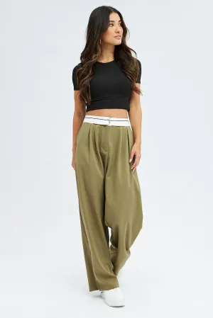 Green Wide Leg Pants Turn Down Waist Low Rise