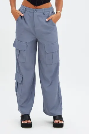 Grey Wide Leg Pants Cargo Pockets