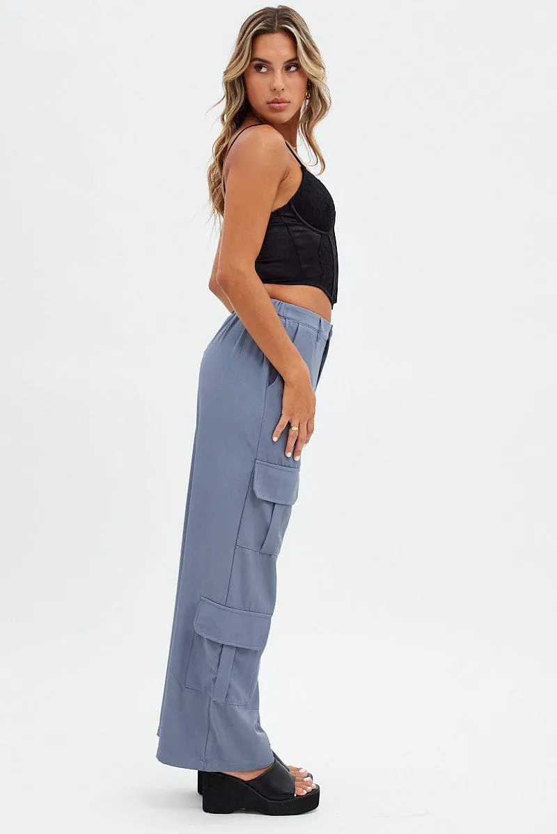 Grey Wide Leg Pants Cargo Pockets