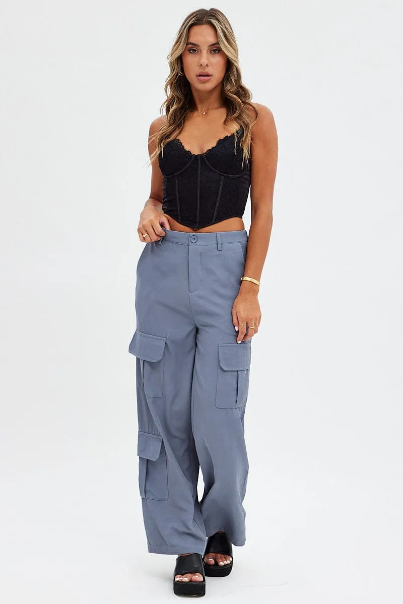 Grey Wide Leg Pants Cargo Pockets