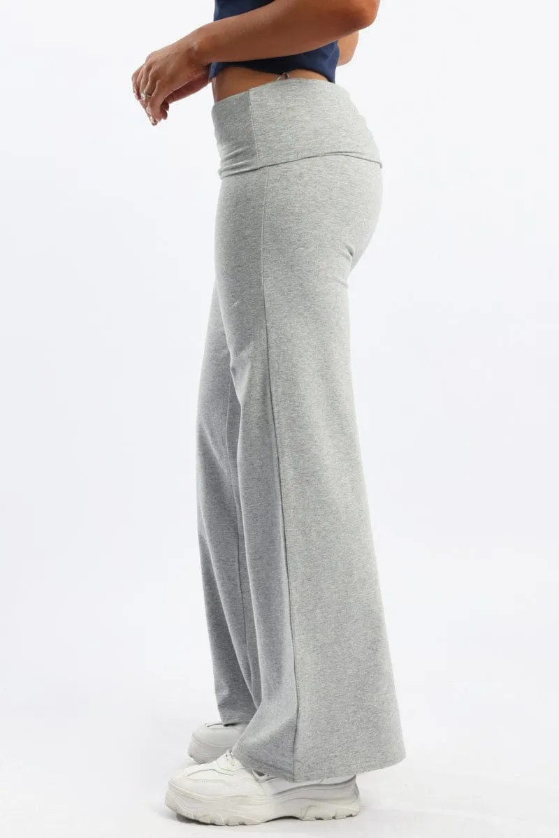 Grey Wide Leg Pants Folded Waist Jersey