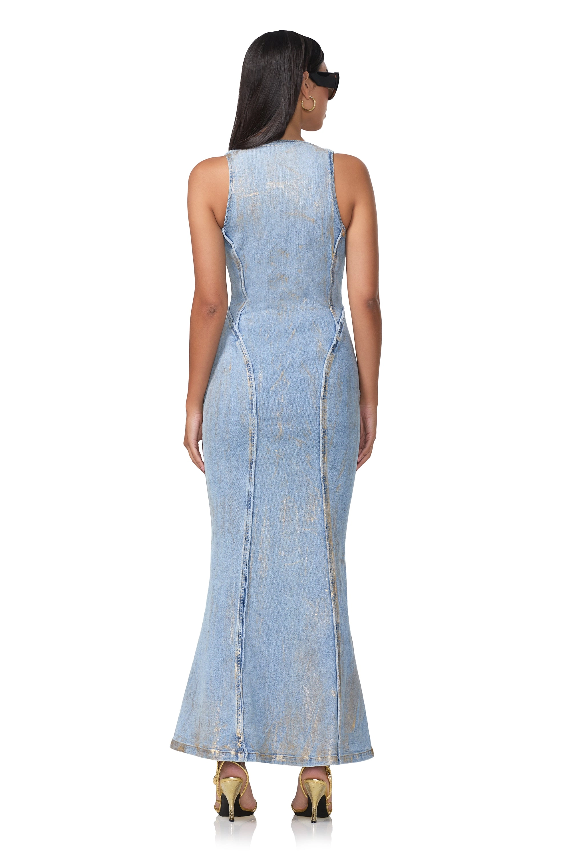 Kadence Denim Zipper Dress - Gold Metallic