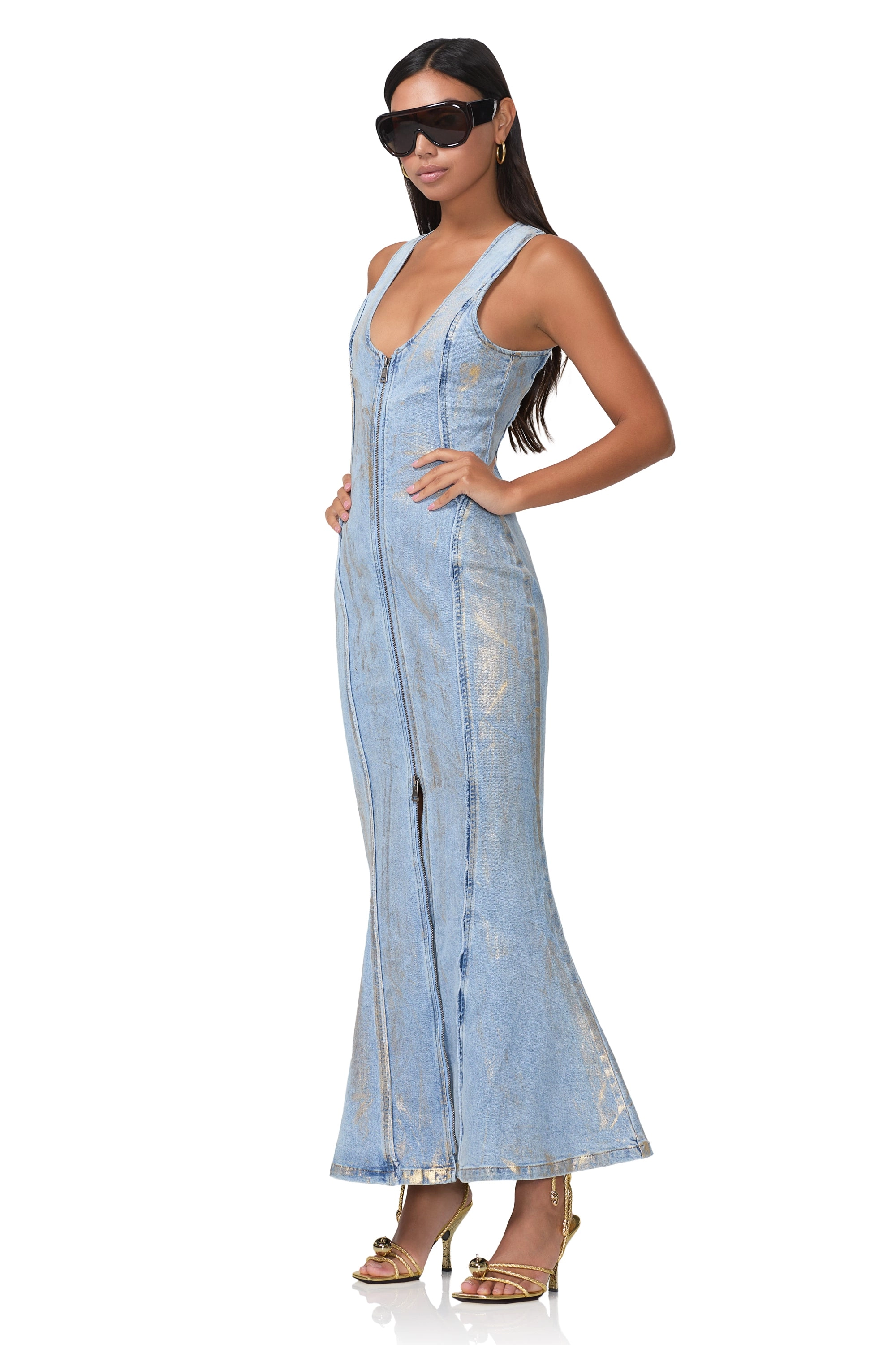 Kadence Denim Zipper Dress - Gold Metallic