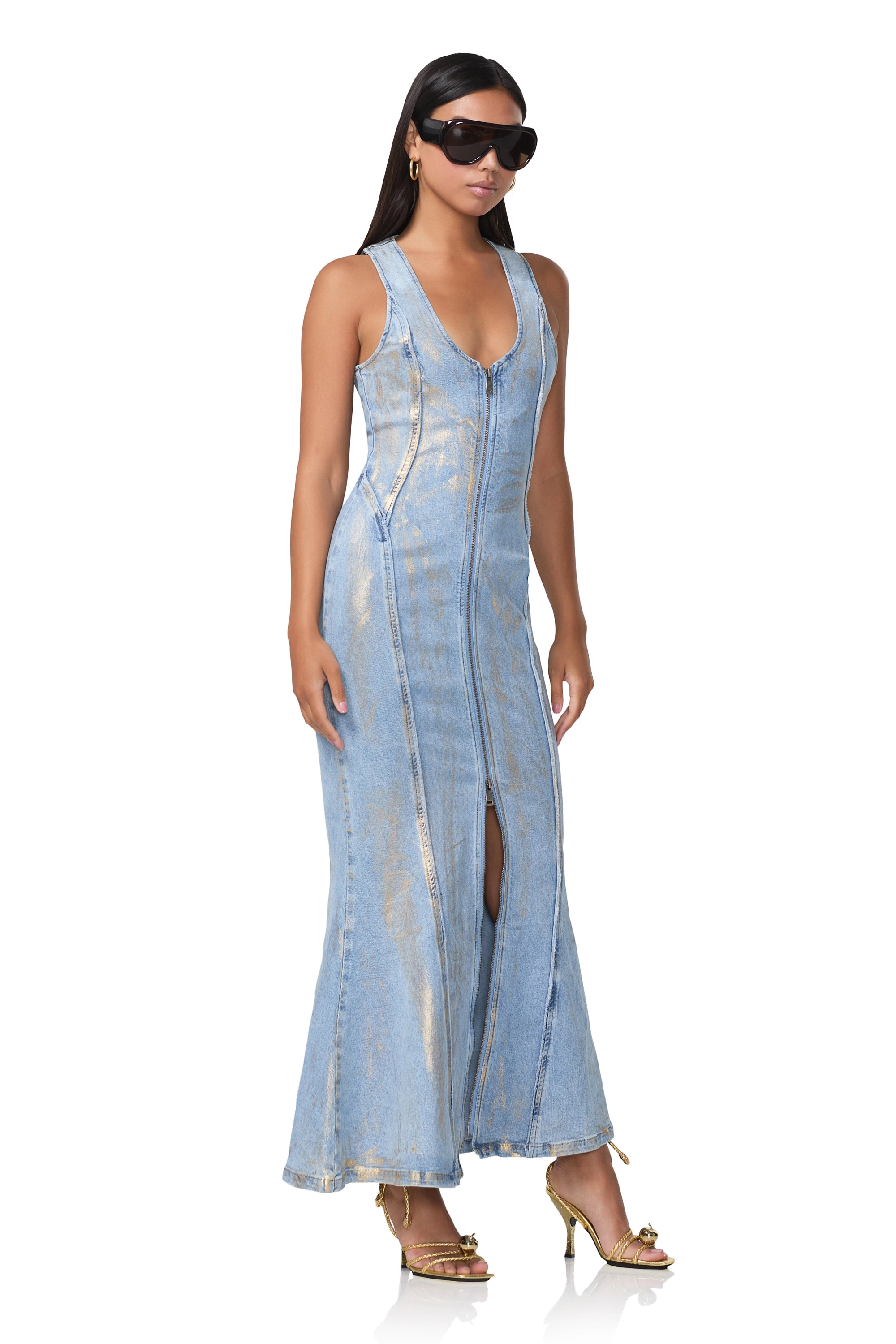 Kadence Denim Zipper Dress - Gold Metallic