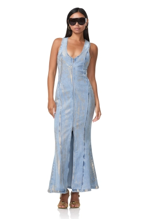 Kadence Denim Zipper Dress - Gold Metallic