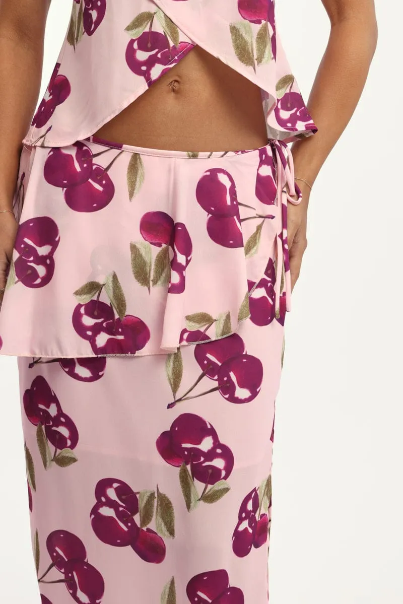 Pink Abstract Chiffon Maxi Skirt Lined