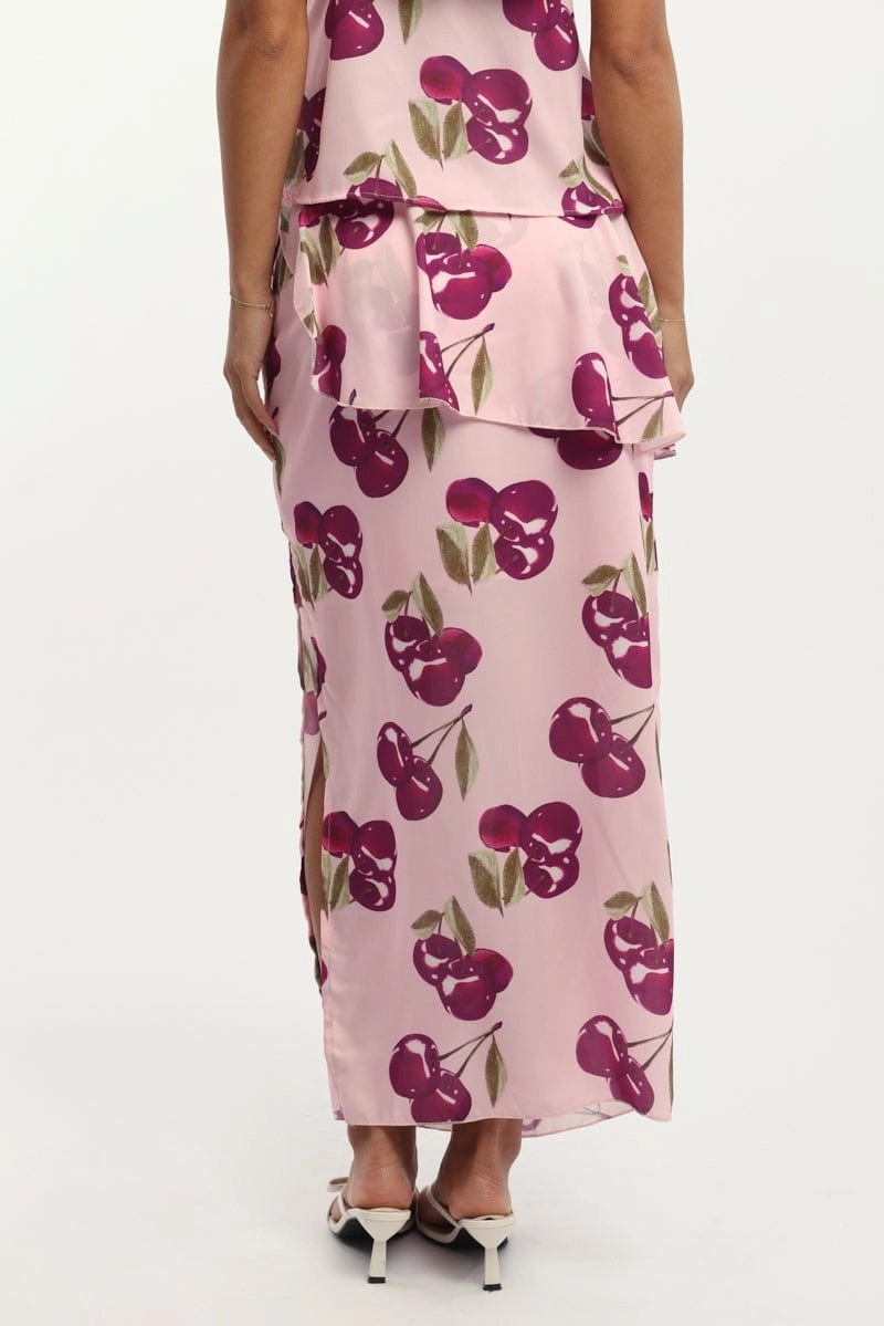 Pink Abstract Chiffon Maxi Skirt Lined
