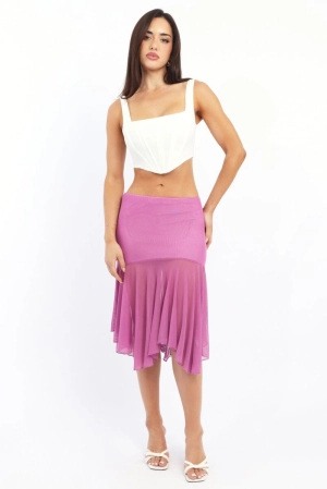 Purple Midi Skirt Scarf Hem Asymmetric Mesh Lined