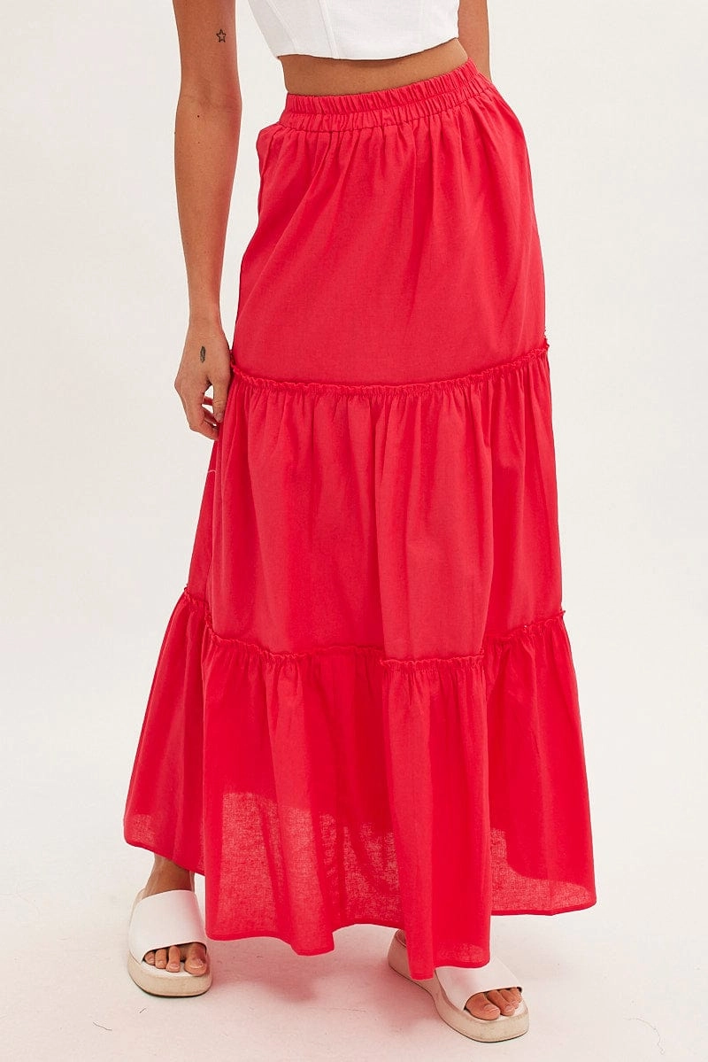 Red Maxi Skirt Tiered