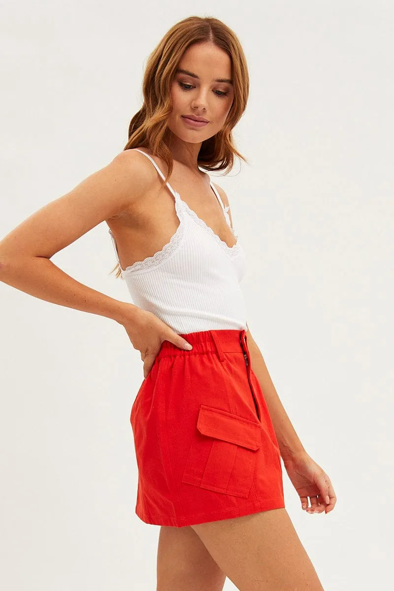 Red Mini Skirt Cargo Cotton Blend