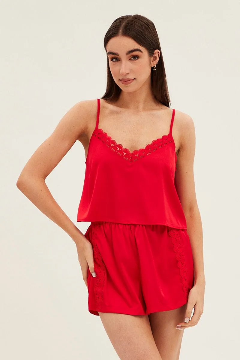 Red Pyjamas Set Sleeveless Cami Shorts Satin