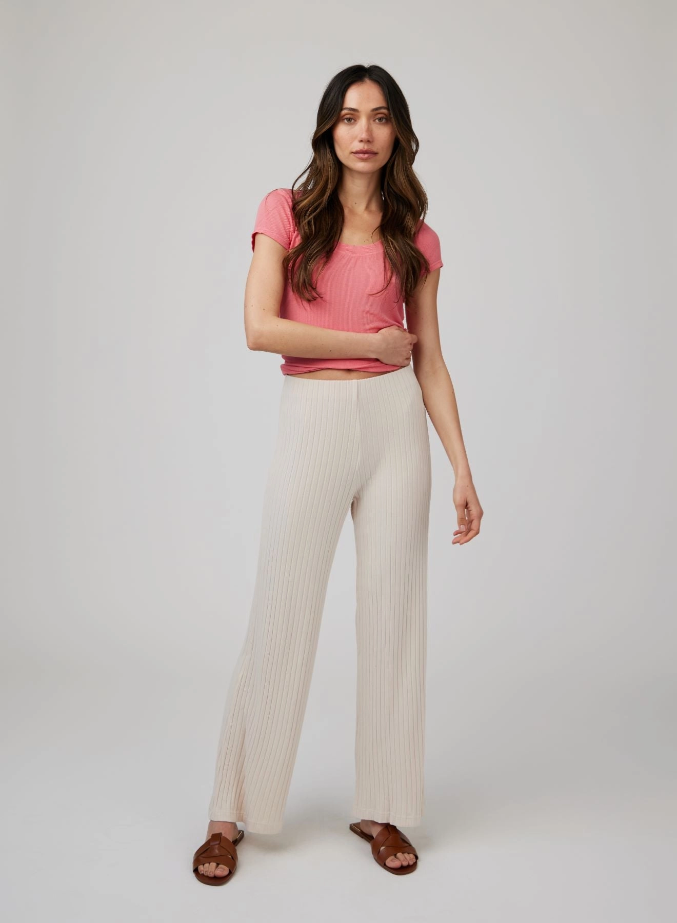 Ribbed Wide Leg Pant - Sand Shell