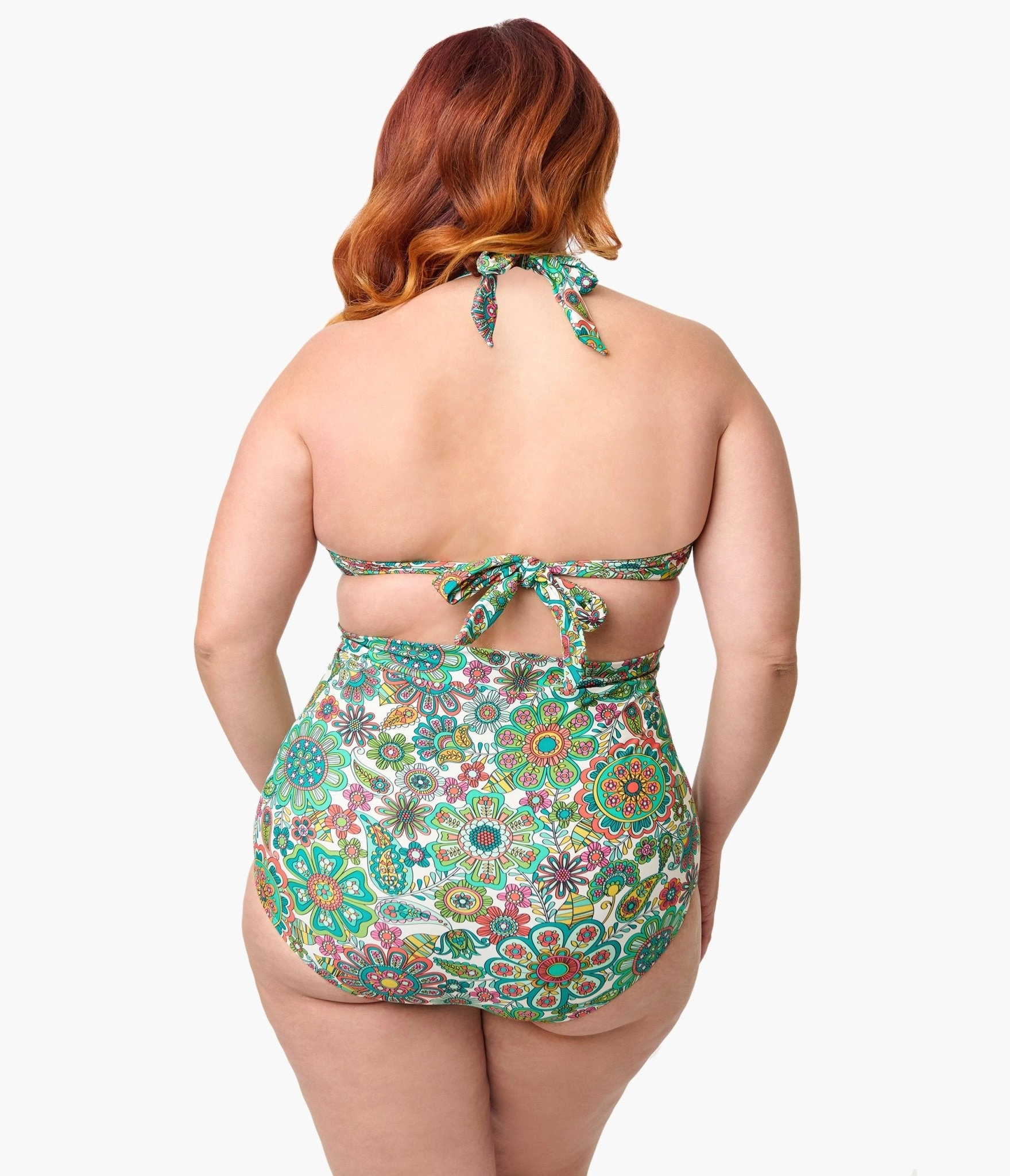 Unique Vintage Plus Size Green Kaleidoscope Monroe Halter Swim Top