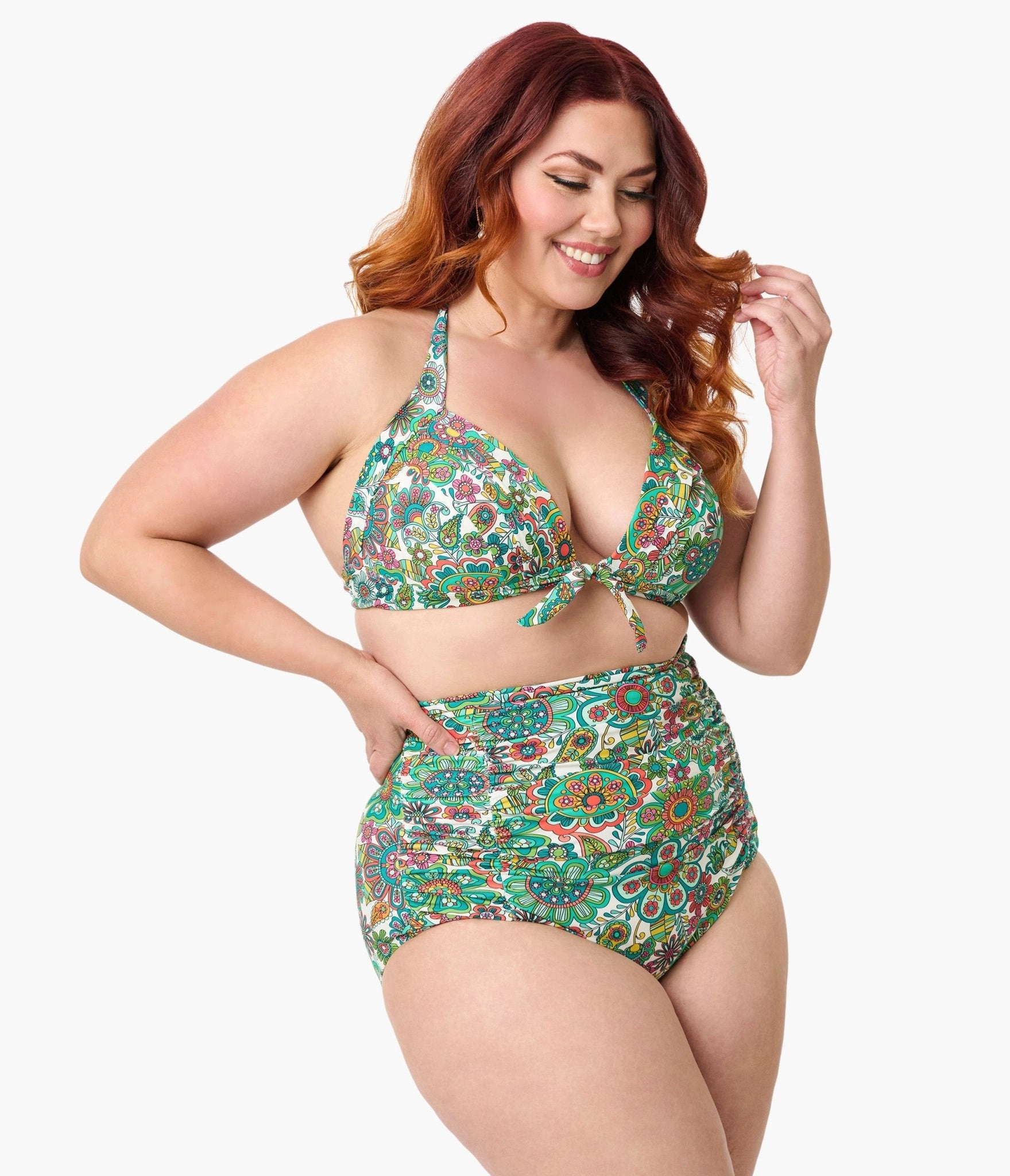 Unique Vintage Plus Size Green Kaleidoscope Monroe Halter Swim Top
